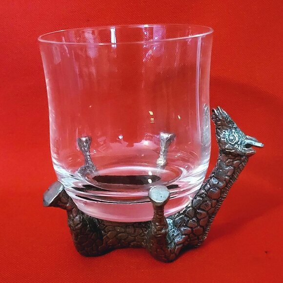 Vintage Frankli Wild Pewter Giraffe Base Clear Glass Tumbler Whiskey Glass - Picture 4 of 17